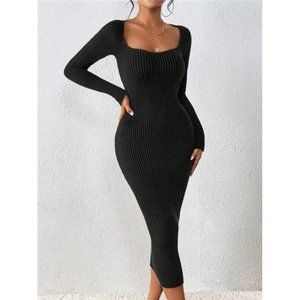 Sweetheart Neck Ribbed Knit Sweater Dress